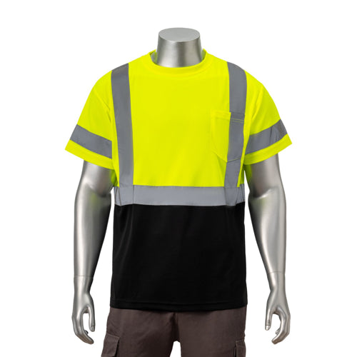 Class 3 Polyester Color Block Reflective Tape Safety T-Shirt W/ Pocket | Front side | Safety yellow
